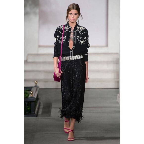 Ralph Lauren Collection Purple Label Beaded Skirt Black Silk Fringe Midi Runway - Picture 2 of 11